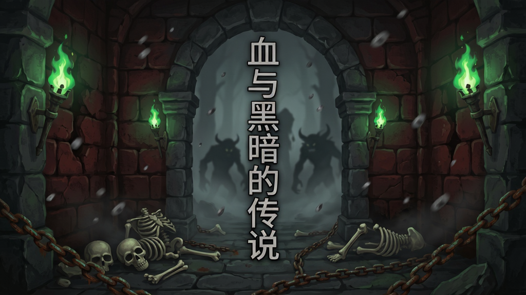 暗黑哥特风格的地牢入口场景,石砌拱门两侧燃着幽绿色火把,地面散落骸骨与锈蚀铁链,远处迷雾中隐约可见怪物剪影,画面中央竖排书写中文标题“血与黑暗的传说”,整体色调以深灰、暗红与墨绿为主,布局为竖版手机游戏启动图风格,细节包含破损石砖纹理与飘动的灰烬粒子,画质清晰锐利,干净无多余元素