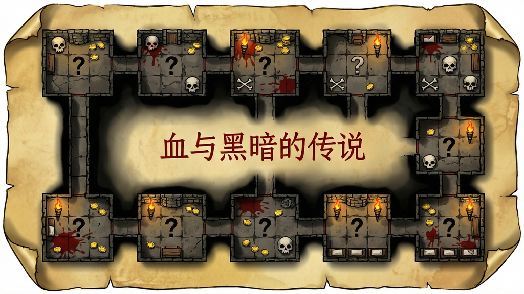 俯视视角的随机地牢平面布局图,多个方形房间由狭窄走廊连接,部分房间标注问号与骷髅图标,地面有血迹与散落的金币,画面风格为暗黑手绘地图质感,纸张边缘泛黄卷曲,中央用红色字体标注“血与黑暗的传说”字样,布局疏密有致,细节包含火把光晕与阴影渐变,画质干净清晰