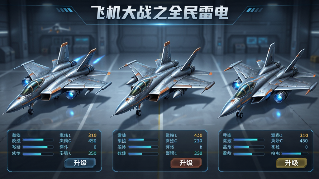 主体为三架不同造型的战机并排展示在机库界面,布局为横向排列、每架战机下方带属性条,排版整齐清晰,风格为科幻机甲展示图,细节包含金属质感机身、发光引擎、属性数值面板与升级按钮,画质高清、干净、无多余元素,画面顶部写有“飞机大战之全民雷电”