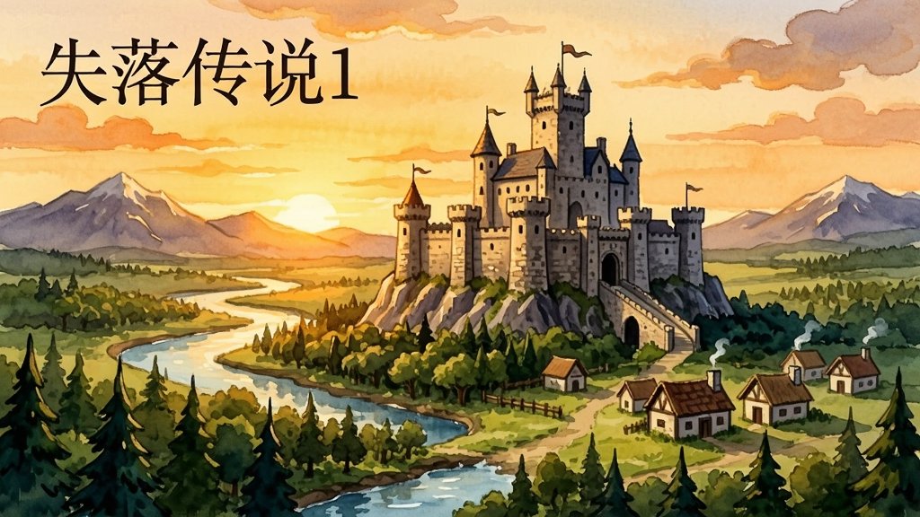 一幅中世纪奇幻王国全景插画,画面中央是一座依山而建的石头城堡,城堡前方有茂密的森林、蜿蜒的河流和几座村舍,天空呈现黄昏暖橙色光芒,远处山脉轮廓清晰,整体风格为手绘水彩质感,细节丰富,画质清晰干净,无多余元素,画面左上角用优雅的衬线字体写着“失落传说1”