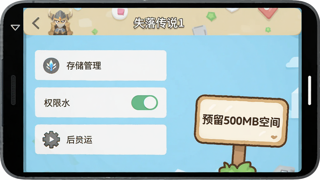 一部安卓手机屏幕显示“失落传说1”游戏设置界面,画面中有存储管理、权限开关和后台运行选项的示意图,旁边配有一个卡通风格的小提示牌写着“预留500MB空间”,整体风格简洁明快,扁平化设计,画质清晰干净,无多余元素