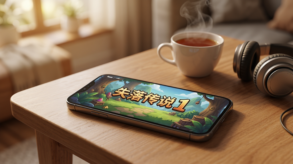 一部智能手机平放在木质桌面上,屏幕显示“失落传说1”的游戏主界面,背景是温馨的室内环境,旁边放着一杯热茶和一副耳机,画面风格清新写实,光线柔和,画质干净清晰,突出手机屏幕中的游戏画面细节,无多余装饰元素