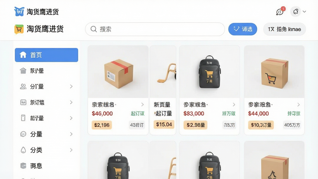 一张信息聚合界面的示意图,主体为“淘货鹰进货”搜索页面,左侧为分类导航栏,右侧为商品卡片列表,卡片上标注价格与起订量;布局为左右分栏结构,风格为清爽的扁平化UI设计,细节包括搜索图标和筛选按钮,画质清晰干净,无多余装饰