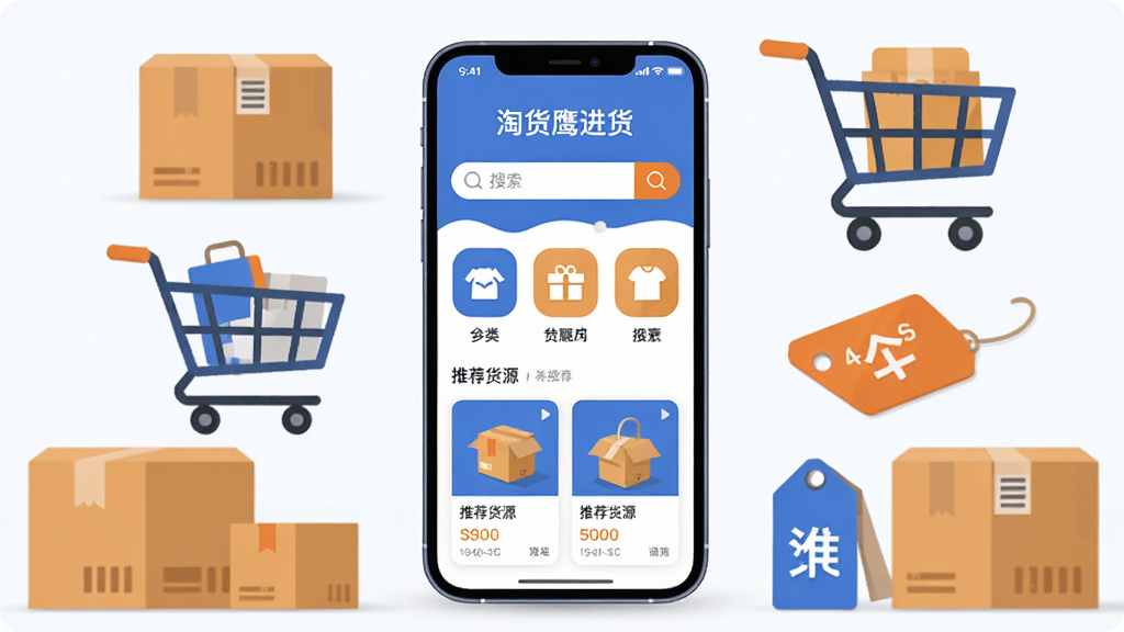 画面中央展示一部智能手机,屏幕上呈现“淘货鹰进货”应用的主界面,界面内包含商品分类图标、搜索框和推荐货源卡片;手机周围以扁平化风格环绕布置纸箱、购物车、价格标签等进货元素;整体采用蓝橙配色,布局居中对称,风格简洁现代,细节清晰,画质干净锐利,无多余元素