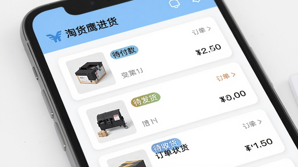 画面展示“淘货鹰进货”订单管理界面,主体为手机屏幕上的订单列表,包含待付款、待发货、待收货等状态标签,每个订单卡片显示商品缩略图和金额;布局为竖向列表排版,风格为简约商务风,配色以白色和浅蓝为主,细节清晰,画质干净,无多余元素