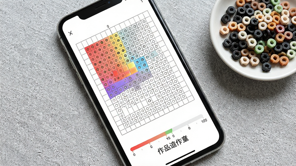 一张拼豆饭软件作品进度追踪功能的示意图,画面主体为手机屏幕显示一张拼豆图纸,图纸上部分区域被标记为已完成并呈现高亮色块,其余区域保持线稿状态,屏幕下方有进度条与作品名称文字,手机放置在浅灰色布面背景上,旁边有一小碟拼豆颗粒,布局以屏幕为中心,风格为简洁实用的功能演示图,细节包括高亮色块的渐变效果、进度条刻度、图纸网格线条,画质高清,画面干净,无多余元素