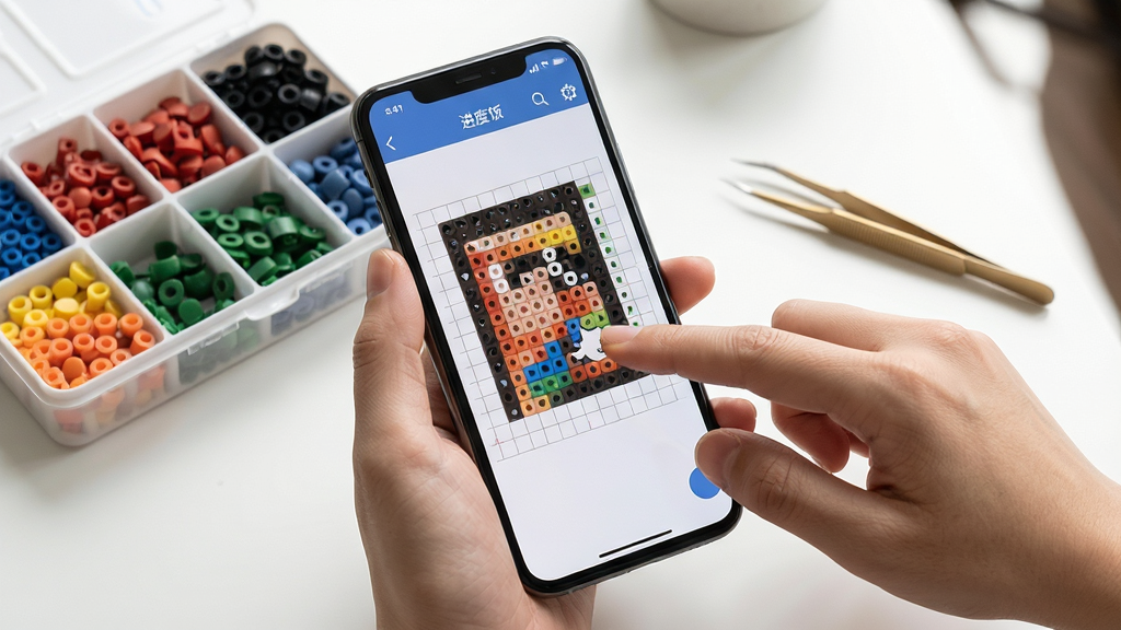 一张展示拼豆饭软件在手机上运行的操作场景图,画面主体为双手持手机,屏幕显示拼豆图纸进度标记界面,手指正点击网格区域,背景为整洁的书桌,桌上摆放拼豆收纳盒与镊子,布局以手机屏幕与手指动作为中心,风格为生活化的使用场景图,细节包括手指触控动作、屏幕网格色块变化、收纳盒中分格摆放的彩色拼豆,画质高清,画面干净,无多余元素