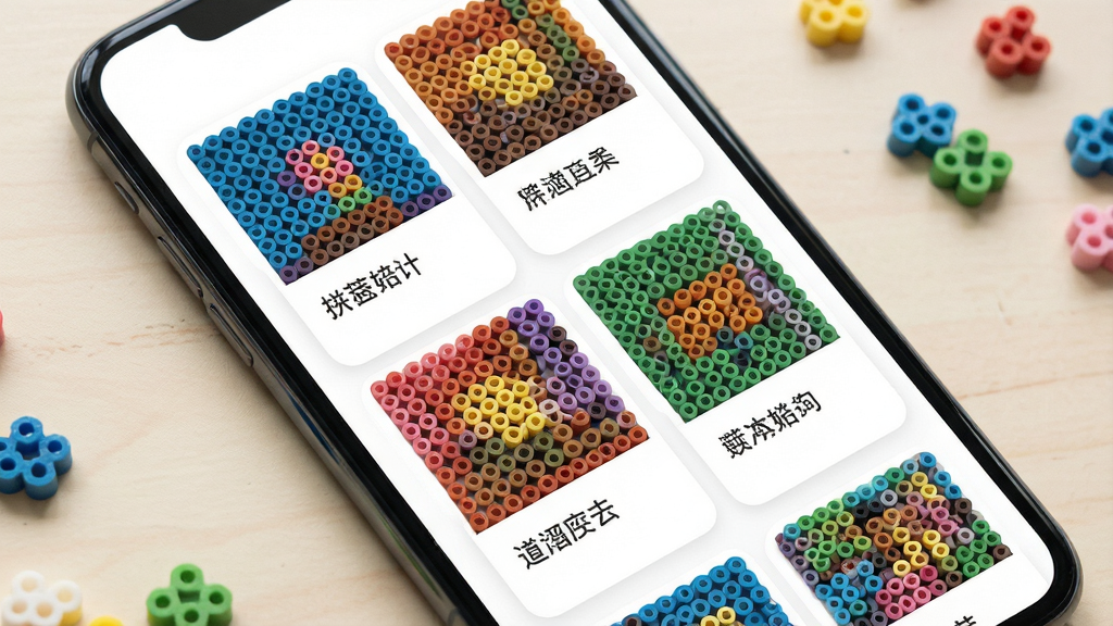 一张拼豆饭软件图纸分类页面的展示图,画面主体为手机屏幕,屏幕中呈现多个图纸分类卡片与缩略图网格,卡片上带有彩色拼豆图案与标签文字,手机以正面略微倾斜角度放置,背景为浅色桌面与几颗彩色拼豆点缀,布局居中突出屏幕内容,风格为清爽的移动应用界面展示图,细节包括卡片圆角、缩略图色彩层次、分类标签的清晰文字,画质高清,画面干净,无多余元素