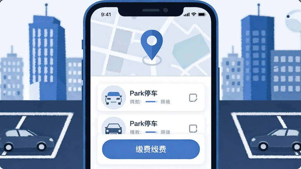 画面中央放置一部智能手机,屏幕显示小强停车应用首页界面,包含地图定位图标、停车场列表与缴费按钮;手机两侧分布城市楼宇、停车位标线与汽车剪影;整体采用扁平化插画风格,色调以蓝色与白色为主,细节干净利落,画质清晰,无多余装饰元素