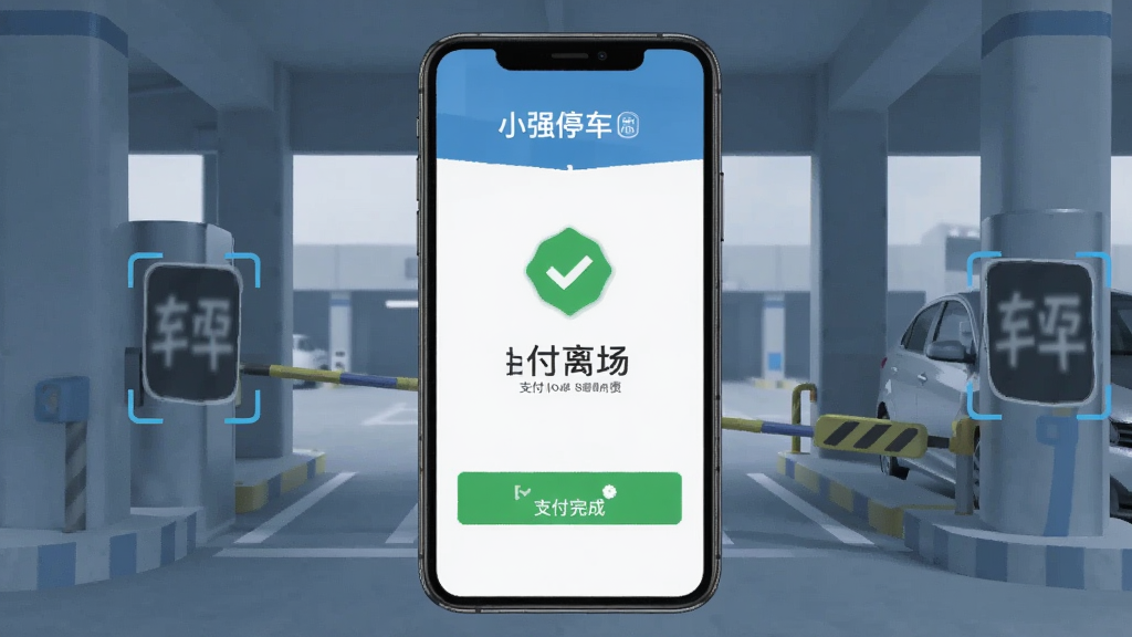 手机界面示意图,展示小强停车缴费成功页面与抬杆离场提示,画面中包含车牌识别框与支付完成对勾图标;背景为停车场出口场景,风格简洁写实,蓝灰色调,画质清晰,无杂乱元素