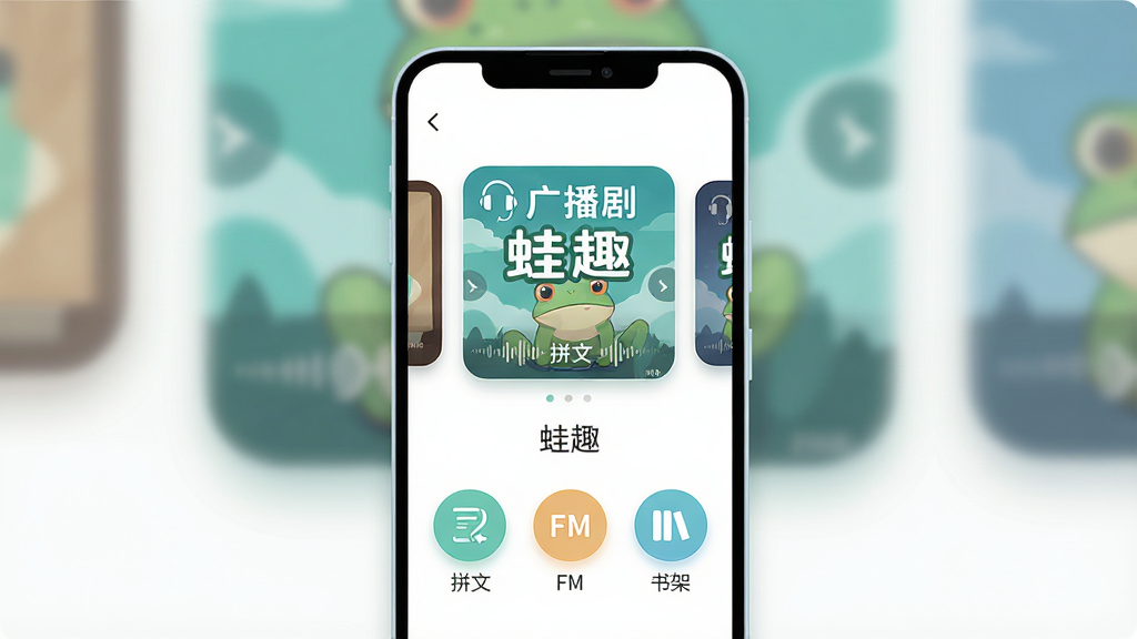主体是一台竖屏安卓手机,屏幕中央显示“蛙趣”应用主界面,上方为广播剧封面轮播卡片,下方排列“拼文”“FM”“书架”三个圆形功能入口,布局为居中对称式,排版干净留白充足,风格为清新浅色扁平化UI插画,细节包括耳机图标、声波纹理、圆角卡片阴影,画质高清,画面干净,无多余元素