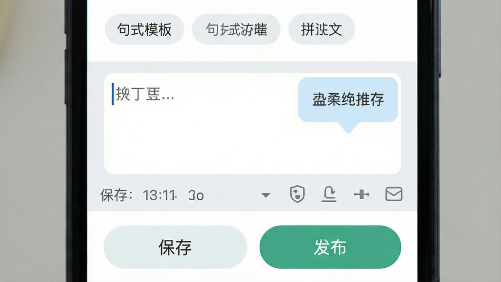 主体是一部手机屏幕特写,界面显示拼文编辑区,上方为句式模板标签,中部为文本输入框与提示气泡,下方为保存和发布按钮,布局为上下结构,排版疏朗,风格为清爽浅色扁平设计,细节包含光标、字数统计和联想词条,画质高清,画面干净,无多余元素