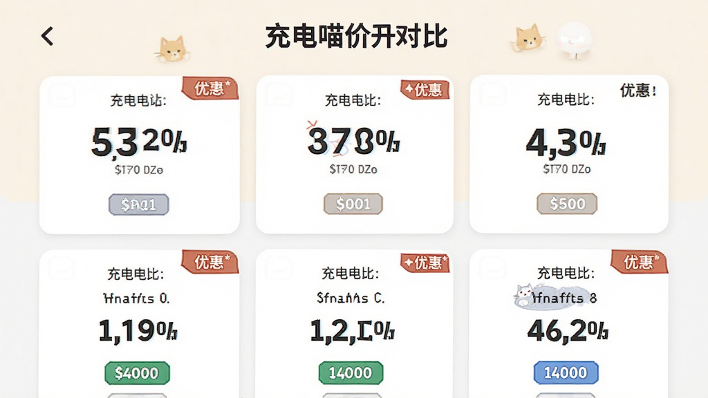 充电喵价格对比页面,多个充电站费用列表排列,价格数字醒目,优惠标签点缀,浅色背景,排版整齐,界面清爽,高清画质