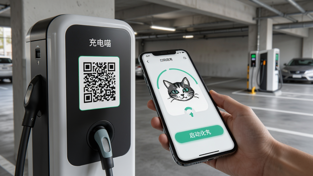 充电喵应用扫码充电操作场景,手机对准充电桩二维码,界面显示启动充电按钮,停车场环境,光线自然,构图清晰,画质细腻