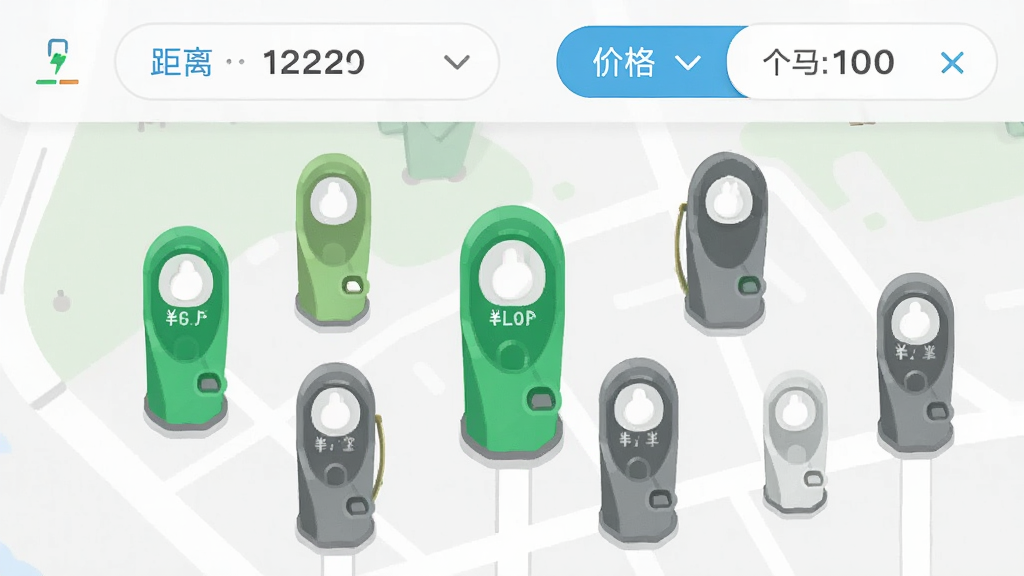 充电喵应用地图找桩界面,绿色和灰色桩位状态标记清晰,顶部筛选栏显示距离与价格选项,扁平化设计风格,画面明亮,细节丰富,画质清晰