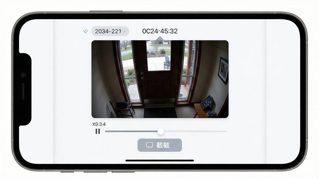 手机屏幕显示监控录像回放界面,时间轴居中排列,画面中为门口场景,布局简洁直观,风格为浅色卡片式设计,细节包含日期标签、播放进度条与截取按钮,画质清晰,干净利落