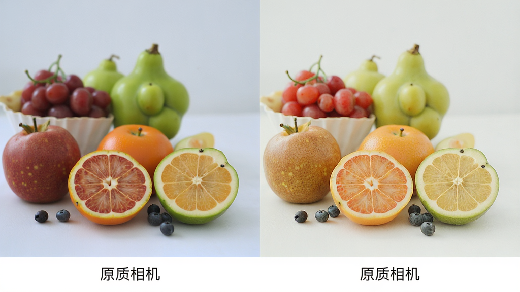 一张展示原质相机色彩还原效果的对比图,画面分为左右两部分,左侧为普通手机拍摄的偏色照片,右侧为原质相机拍摄的自然色彩照片,两张照片内容相同均为水果静物,画面下方有简洁的标注文字