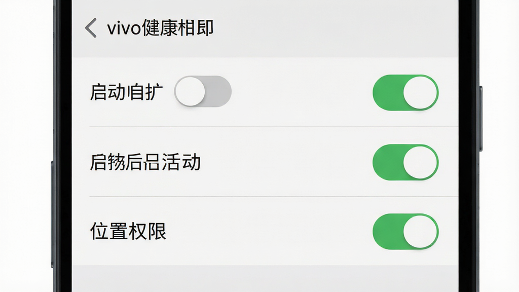 一张手机应用设置界面的示意图,画面展示一部手机的屏幕,屏幕上显示“vivo健康”的权限管理页面,页面中包含自启动开关、后台活动开关和位置权限三个设置项,开关呈绿色开启状态,布局为纵向列表,风格为扁平化系统界面风,细节上界面文字清晰可辨,背景为浅灰色,画质干净整洁