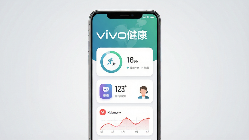 一幅干净简洁的智能手机界面展示图,画面中央是一部现代智能手机,屏幕亮起显示“vivo健康”应用的主页,主页上方有醒目的“vivo健康”文字标识,下方排列着步数圆环、睡眠卡片和心率曲线图三个圆角矩形模块,整体布局采用上下结构,风格为扁平化现代科技风,细节上手机机身带有轻微反光,背景为浅灰色渐变,画质清晰,无多余元素