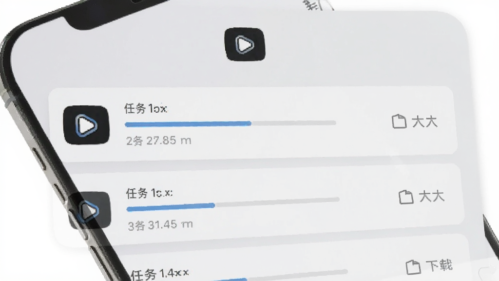 月亮浏览器视频下载管理界面,手机屏幕显示下载任务列表,每条任务带有进度条与文件大小信息,顶部有视频图标标识,界面采用卡片式布局,浅色背景,风格清爽,画质清晰,无杂乱元素