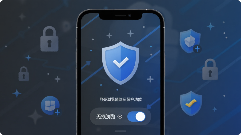 月亮浏览器隐私保护功能示意,手机屏幕显示盾牌图标与无痕浏览开关界面,周围有锁形与安全标识元素,背景为深灰与蓝色调,风格稳重简洁,画质清晰干净
