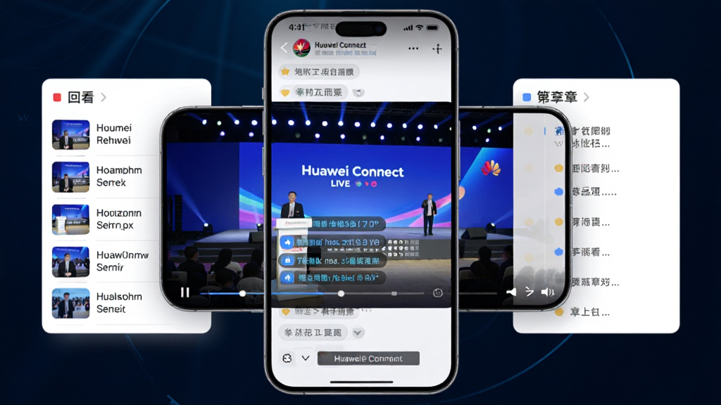 ��������Ϊһ�������ֻ����š�Huawei Connect��ֱ�����棬��Ļ����ʾ�ݽ���̨��ʵʱ��Ļ�����ֻ�������������Ƭ��ʽչʾ�ؿ��б����½ڱ�ǣ�����Ϊ��ɫ�Ƽ������䣬����Ϊ�ֻ����С���Ƭ���һ��ƣ����Ϊ����ʽӰ���Ƽ��磬ϸ�ڰ������Ž��������������л���ť����Ļ�������ʸ���ɾ����޶���Ԫ��