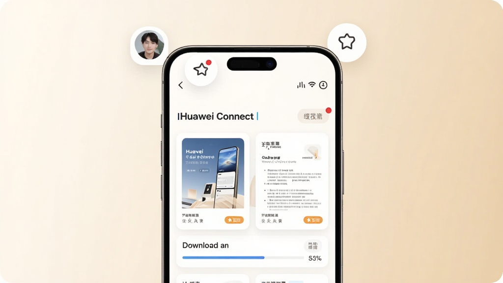 ��������Ϊһ���ֻ�չʾ��Huawei Connect����������ҳ�棬��Ļ�����ж���ĵ���Ƭ�����ؽ��������ֻ��Ϸ�������������ͷ�����ղ�ͼ�꣬����Ϊǳ��ɫ��ͽ��䣬����Ϊ�ֻ����С�ͼ�껷���Ϸ������Ϊ��ů��Լ�칫�磬ϸ�ڰ����ĵ�����ͼ�����水ť����Ϣ��㣬���ʸ���ɾ����޶���Ԫ��