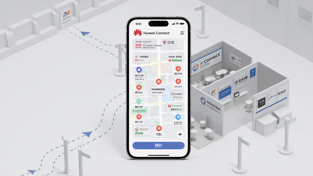��������Ϊ�ֻ���Ļ��ʾ��Huawei Connect��չ����ͼ���棬��ͼ�Ϸֲ����չ̨ͼ����ԤԼ��ť���ֻ��������巽ʽ���ֻ᳡չ̨ģ��������·�߼�ͷ������Ϊǳ�Ұ׿ռ䣬����Ϊ�ֻ����С�չ̨ģ��б�򴩲壬���Ϊ�����Ϣͼ���磬ϸ�ڰ���չ��logoռλ��ԤԼ���ǩ�뵼��·�����ߣ����ʸ���ɾ����޶���Ԫ��