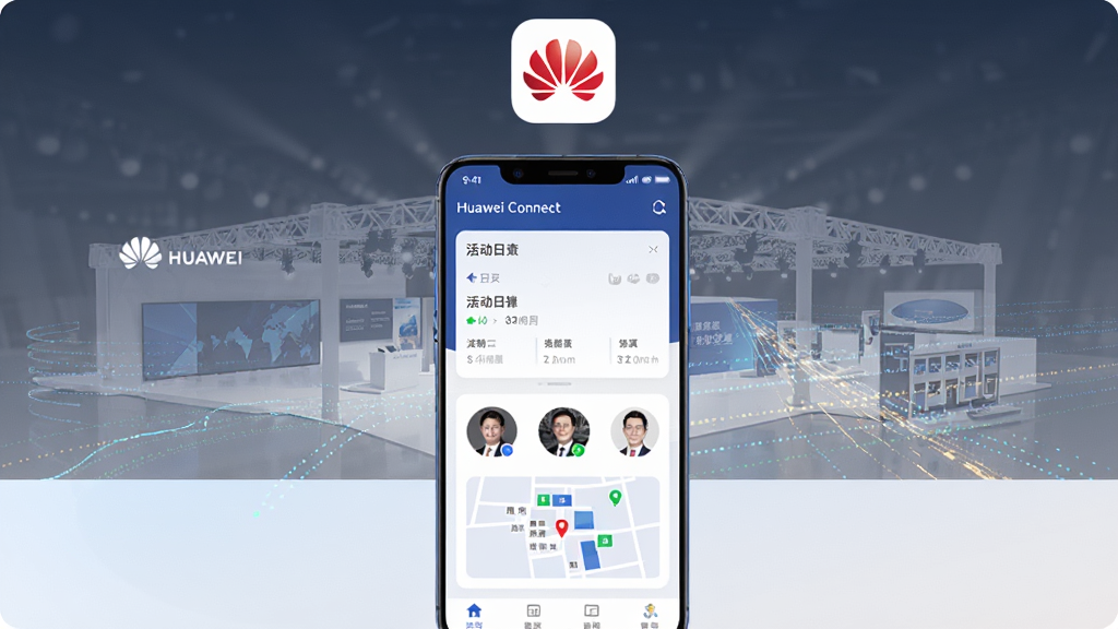 ��������Ϊһ̨���������ֻ�����Ļ������ʾ��Huawei Connect��Ӧ�������棬���������ճ̿�Ƭ���α�ͷ����չ����ͼģ�飬�ֻ����԰�͸����ʽ���ӻ�Ϊȫ���Ӵ��Ļ᳡���������������ߣ����岼�־��жԳƣ��Ϸ����׷���Ӧ��ͼ�꣬�·���ǳɫ������β�����Ϊ�ִ��Ƽ�����磬ϸ�ڰ���ϸ��Ľ���ͼ�ꡢԲ�ǿ�Ƭ�������Ӱ�����ʸ���ɾ����޶���Ԫ��