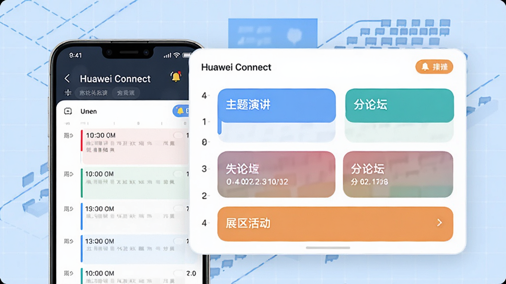 ��������Ϊһ���ֻ���һ���������ճ������ϣ��ֻ���Ļ��ʾ��Huawei Connect�����ճ��б���������ò�ͬ��ɫ��ע�����ݽ�������̳��չ���������Ϊǳ��ɫ���������Ļ᳡��λͼ�����ֲ������ֻ������ĶԱȹ�ͼ�����Ϊ��ˬ��ƽ������磬ϸ�ڰ���ʱ��̶ȡ���������ͼ����Բ�Ǳ�ǩ�����ʸ���ɾ����޶���Ԫ��