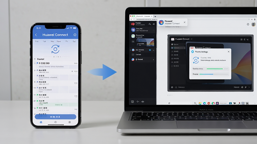 ��������Ϊһ���ֻ���һ̨�ʼǱ����Բ��Űڷţ��ֻ���Ļ��ʾ��Huawei Connect���ƶ����ճ̽��棬������Ļ��ʾͬһ�˺ŵ�ֱ���ؿ�ҳ�棬����֮��������ͬ����ͷ���ӣ�����Ϊǳ��ɫ���滷��������Ϊ���ֻ��ҵ��Ե�ƽ�й�ͼ�����Ϊ���칫�����磬ϸ�ڰ���ͬ��ͼ�ꡢȨ�����õ����뻺������������ʸ���ɾ����޶���Ԫ��