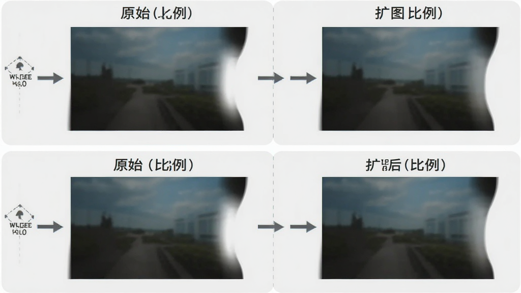 主体为一张横向延展前后的对比示意图,布局为上下两行对照展示,排版左侧标注原始比例、右侧标注扩图后比例,风格为简洁说明性信息图风格,细节包含WHEE软件的操作箭头标识、画面边缘自然过渡的补全区域、浅灰背景与清晰文字说明,画质高清、干净、无多余元素