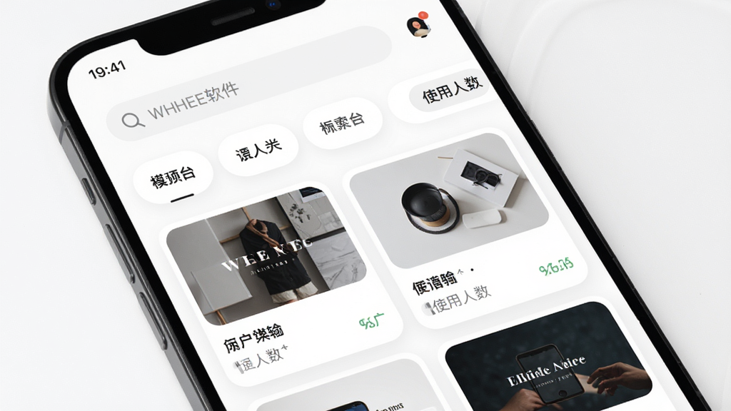 主体为手机屏幕内展示模板中心列表页,布局为顶部搜索栏、中部横向滑动的模板分类标签、下方两列模板卡片流,排版符合移动端浏览习惯,风格为清爽的卡片式UI风格,细节包含WHEE软件名称、模板缩略图、使用人数标注、柔和的圆角设计,画质高清、干净、无多余元素