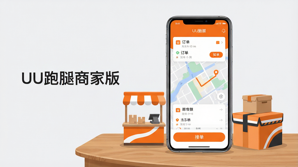 画面主体为一台竖屏智能手机,屏幕中显示UU跑腿商家版应用首页界面,包含订单列表、地图轨迹与接单按钮等元素;手机放置在木质桌面上,旁边搭配一个小型店铺柜台模型与配送箱;布局采用居中构图,手机位于画面中央偏右,左侧留白放置简约文字标题“UU跑腿商家版”;排版整洁有序,信息层级分明;风格为现代扁平化商业插画,配色以橙色与白色为主,辅以浅灰背景;细节包括手机边框高光、界面图标清晰可见、配送箱带有品牌色条纹;画质清晰锐利,干净无多余元素,适合下载站配图使用