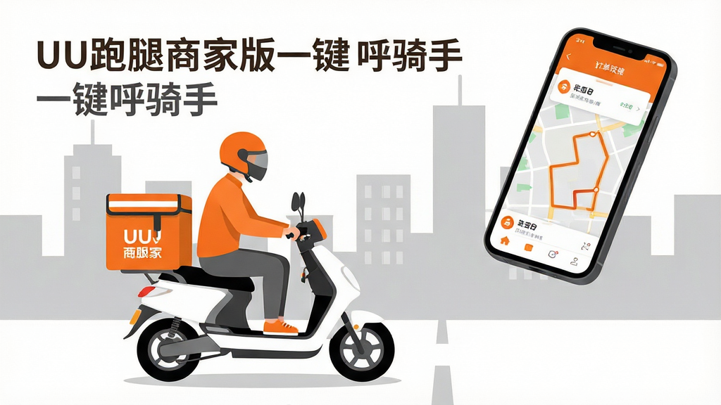 画面主体为一位骑手骑着电动车在城市街道上行驶,车后座带有橙色配送箱,背景为简约城市楼宇剪影;手机屏幕悬浮于画面右上角显示订单跟踪界面;布局采用对角线构图,骑手位于左下向右上延伸;排版上文字标题“UU跑腿商家版 一键呼骑手”置于画面顶部左侧;风格为清新扁平插画,配色橙白灰为主;细节包括骑手头盔、配送箱品牌标识、界面地图轨迹线;画质干净清晰,无杂乱元素