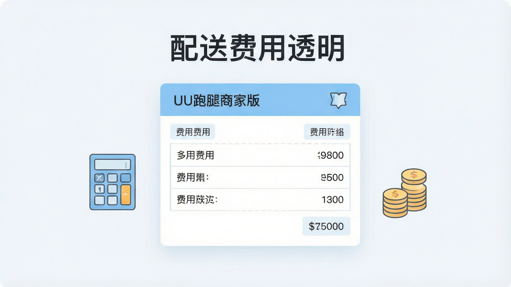 画面主体为一张简洁的电子账单界面悬浮在浅色背景中,账单上显示“UU跑腿商家版”字样与费用明细条目,旁边搭配计算器与硬币图标;布局采用居中对称构图,账单位于画面中央;排版上标题“配送费用透明”置于账单上方;风格为简约商务扁平风,配色以浅蓝与白色为主;细节包括账单表格线、数字清晰、图标线条简洁;画质干净无多余装饰