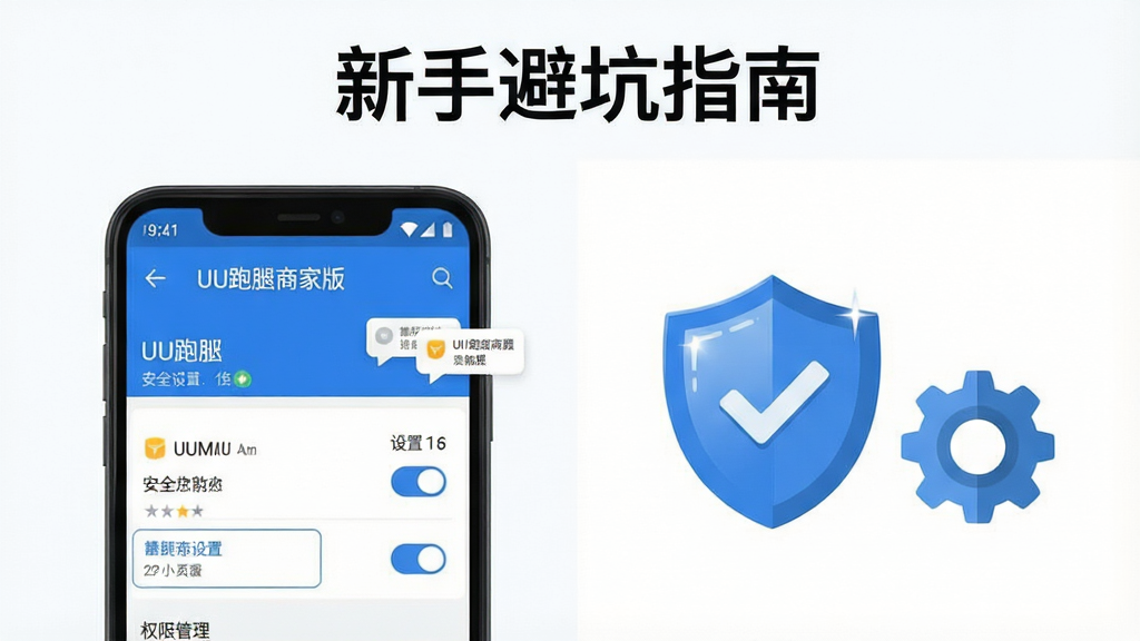 画面主体为一部安卓手机屏幕显示UU跑腿商家版设置界面,旁边放置一个带有对勾的盾牌图标与齿轮图标,象征安全设置与权限管理;布局采用左右分栏构图,手机居左、图标居右;排版上标题“新手避坑指南”置于画面顶部居中;风格为简洁科技扁平风,配色蓝白为主;细节包括界面中的开关按钮、提示气泡、盾牌高光;画质清晰干净,无多余元素