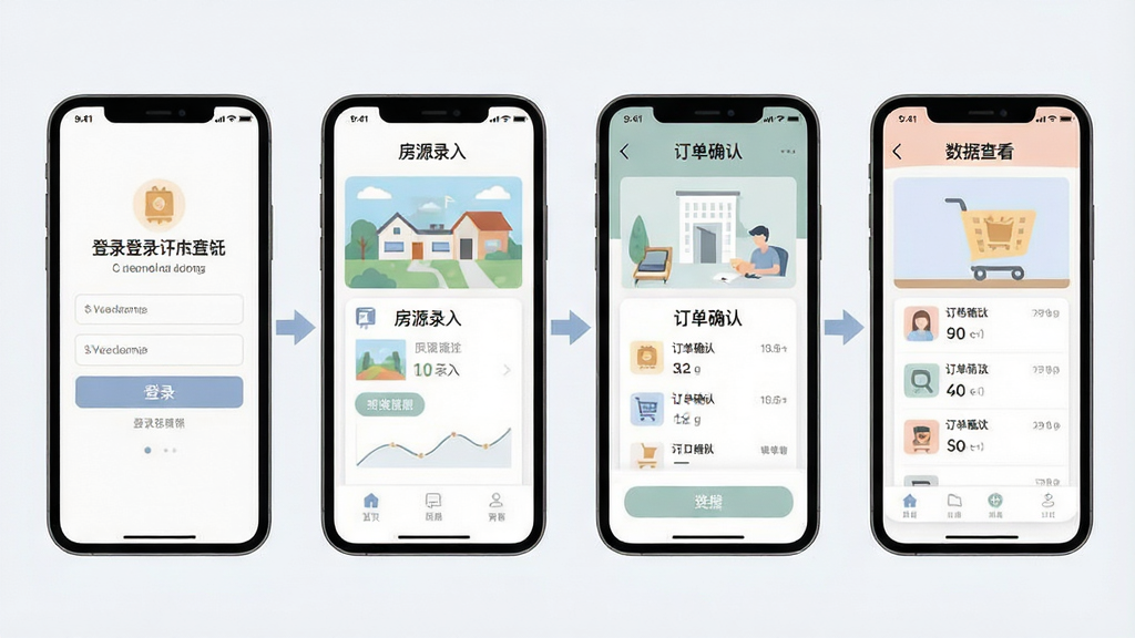 一张手机应用操作流程示意图,画面从左到右依次展示登录、房源录入、订单确认与数据查看四个手机界面,界面之间用箭头连接,风格为简洁扁平插画,配色柔和,布局横向排列,细节清晰,高清画质
