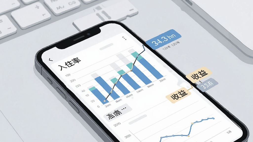 手机屏幕显示柱状图与折线图组合的数据面板,图表旁有入住率与收益数字标签,背景为浅灰色工作台面,画面风格为商务简约插画,布局清晰,细节干净,高清画质