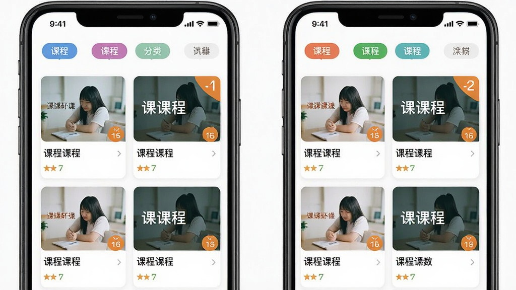 门课课程分类页面展示,主体为手机应用界面,布局为顶部标签栏加下方双列课程卡片,排版整齐,风格清新简约,细节包含不同颜色的分类标签、课程封面图、课时数字角标,画质清晰,画面干净,无多余元素