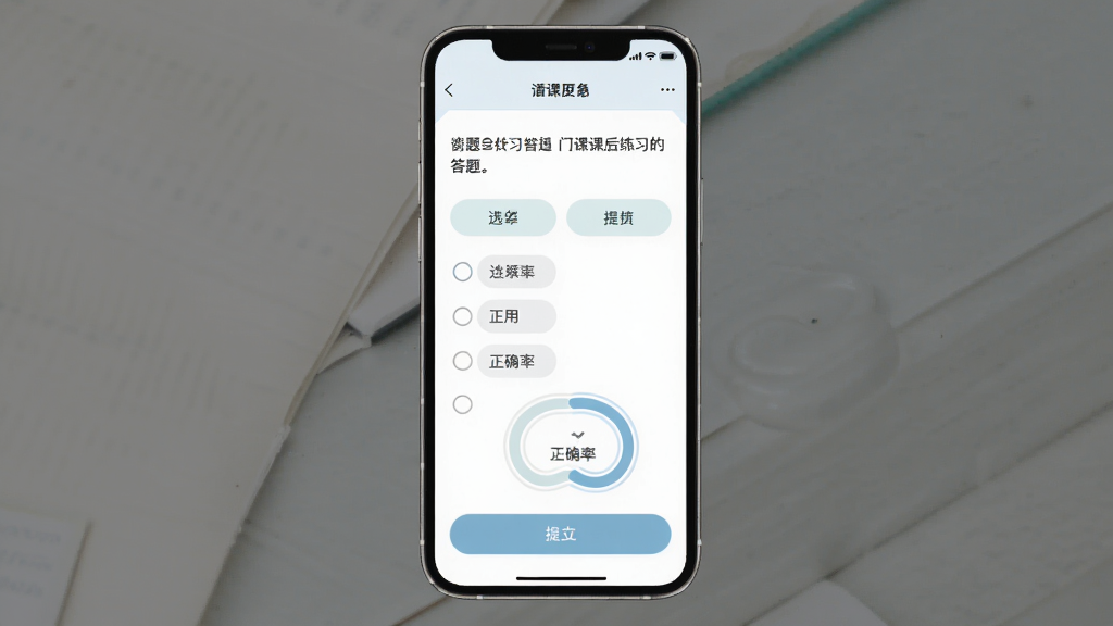 门课课后练习答题页面展示,主体为手机屏幕显示选择题界面,布局为题干在上选项在下,排版规整,风格柔和浅色系,细节包含选项按钮、提交按钮和正确率环形图,画质清晰,画面干净,无多余元素