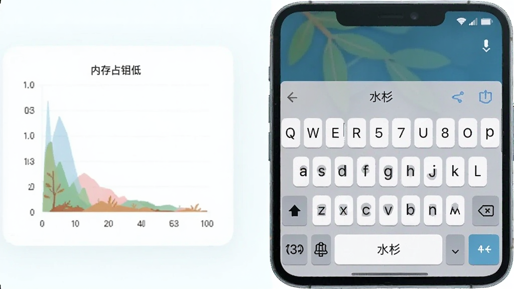 一部手机屏幕显示水杉输入法键盘,键盘上方没有广告横幅,屏幕干净清爽,旁边放置一个显示内存占用低的简易图表,整体风格扁平化,浅色调,画质清晰干净