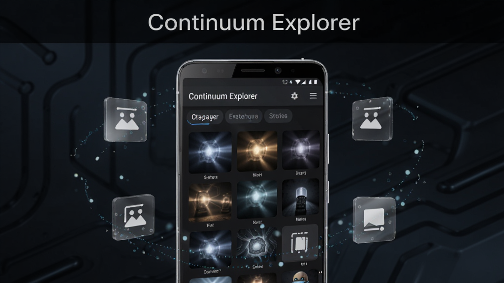画面以深色科技感背景为主,中央放置一部安卓手机,手机屏幕上显示 Continuum Explorer 应用界面,界面包含光影素材缩略图与探索分类标签,手机周围环绕半透明的记忆碎片图标与光线粒子,整体布局采用居中构图,上方留出标题区域,风格为现代简约科技风,细节包括手机金属边框反光、屏幕内图标清晰可辨、背景有轻微渐变过渡,画质干净清晰,无多余装饰元素