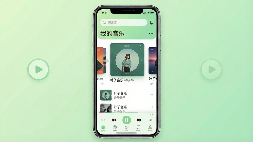 一张手机音乐播放器界面展示图,画面中央是一部竖屏智能手机,屏幕上显示着名为“叶子音乐”的应用主界面,界面顶部是搜索栏与“我的音乐”标题,中部是专辑封面轮播卡片,底部是播放控制栏与导航菜单,整体采用浅绿色与白色搭配的清新配色,背景为柔和的渐变浅绿,风格简洁现代,细节包括圆形专辑封面、清晰的播放按钮图标与歌单列表,画质清晰锐利,构图干净整洁,无多余装饰元素