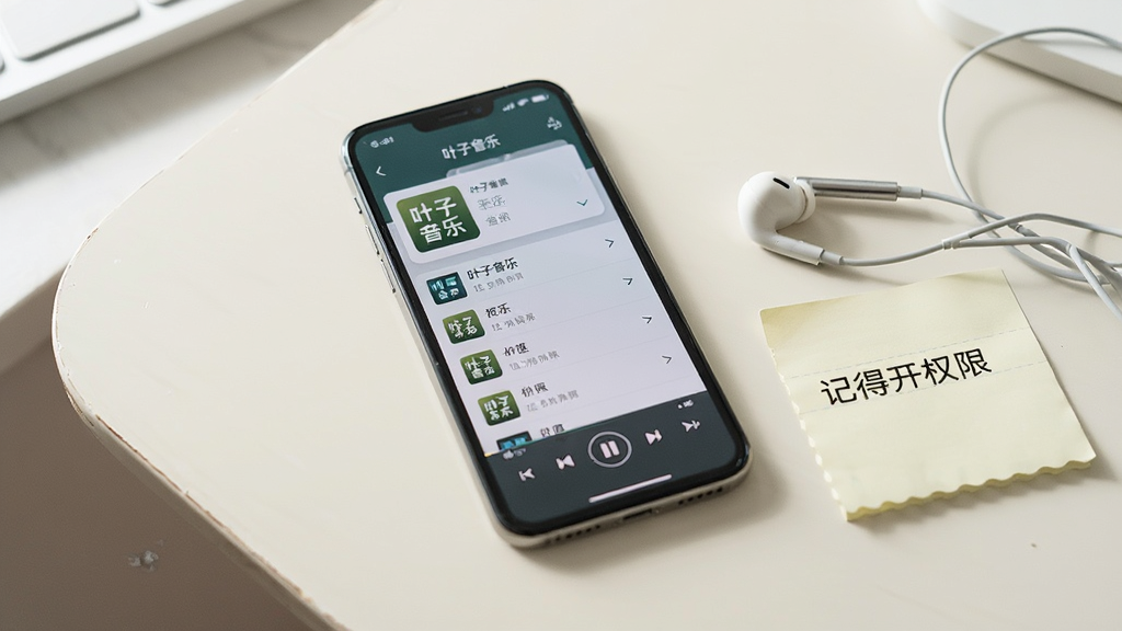 一部智能手机屏幕显示“叶子音乐”的播放列表界面,手机旁放着一副有线耳机与一张便签纸,便签上写着“记得开权限”字样,场景为浅色桌面,光线明亮柔和,风格生活化写实,构图简洁,画质清晰,画面干净