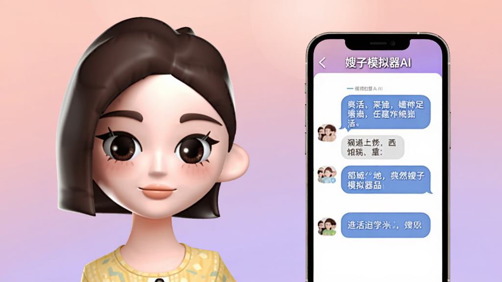画面主体是一位卡通风格的虚拟女性角色半身像,旁边是一部显示嫂子模拟器AI聊天界面的手机,布局为角色在左、手机在右并列展示,背景为柔和的粉紫色渐变,排版平衡对称,风格为温暖治愈系插画,细节包括角色微笑表情、对话气泡中的生活化语句、界面上的“嫂子模拟器AI”标题,画质高清,画面干净,无多余元素