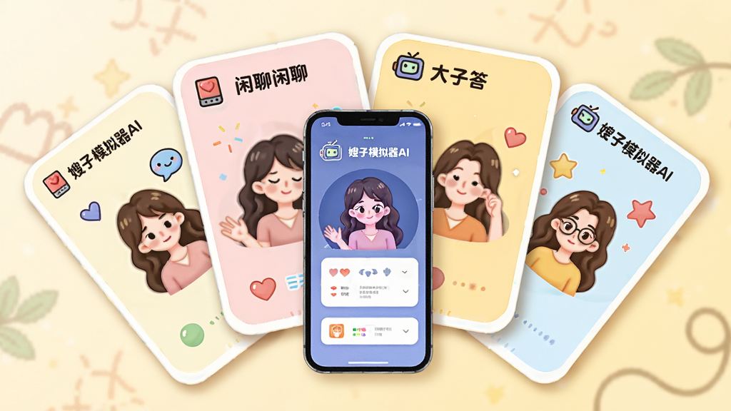 画面主体是四张并排的情景卡片,分别代表闲聊、陪伴、问答、趣味四种模式,卡片中央是一部显示嫂子模拟器AI界面的手机,布局为卡片环绕手机呈扇形展开,背景为浅暖色,排版活泼有序,风格为清新卡通插画,细节包括每张卡片上的小图标与“嫂子模拟器AI”标识、圆角卡片、柔和阴影,画质高清,画面干净,无多余元素