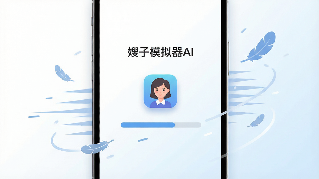 画面主体是一部手机屏幕显示嫂子模拟器AI启动加载界面,界面中央有进度条和软件图标,布局为手机居中,周围环绕轻量化的速度线条与羽毛图标象征轻快,背景为纯白到浅蓝渐变,排版极简留白,风格为简约扁平化,细节包括“嫂子模拟器AI”启动文字、圆角图标、柔和投影,画质高清,画面干净,无多余元素
