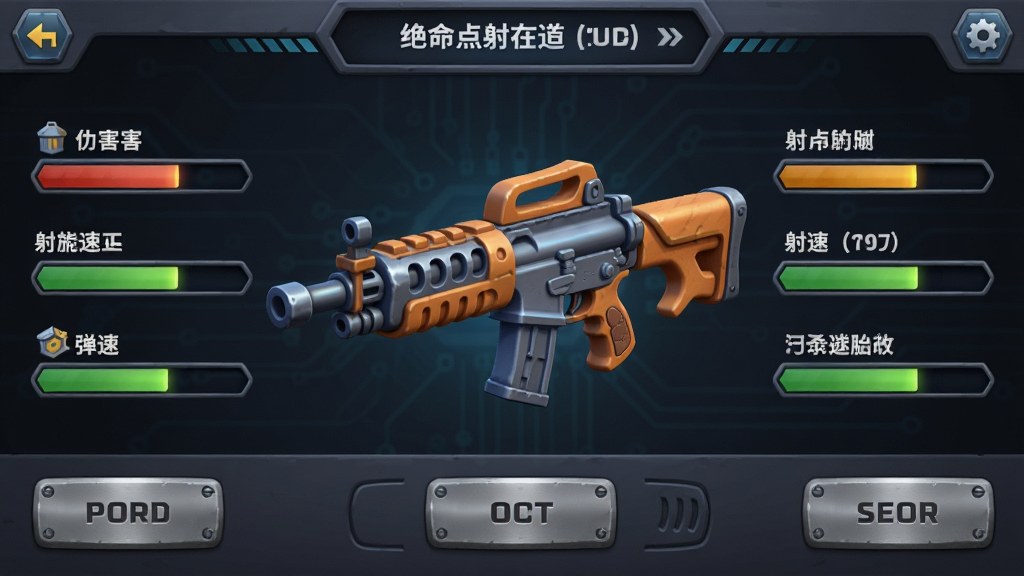画面展示绝命点射游戏内的武器升级界面,屏幕中央是一把卡通风格步枪的三维模型,两侧排列着伤害、射速、弹匣三条升级进度条,背景为深色科技感面板,风格为游戏UI展示图,细节包括金属质感按钮和发光进度条,画质清晰,无杂乱元素
