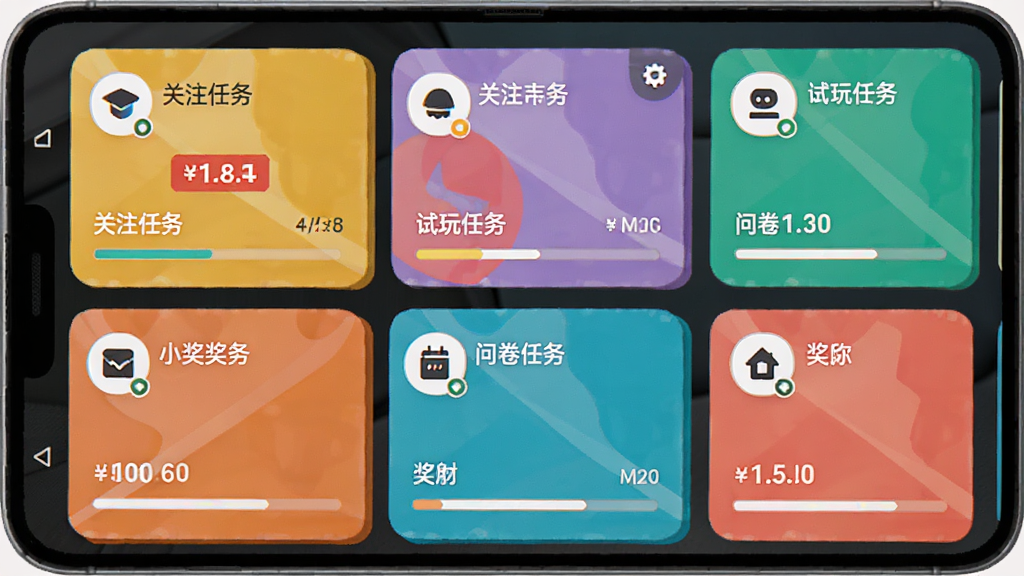 小奖同学帮任务列表界面展示,主体为一部安卓手机屏幕,屏幕上排列着关注任务、试玩任务、问卷任务等彩色卡片,布局清晰分为上下两栏,排版整齐有序,风格为扁平化现代UI设计,细节包含任务图标、奖励金额标签与进度条,画质清晰干净,无多余元素